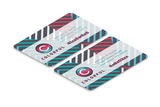 Tessere in PVC di qualità premium con motivi geometrici sorprendenti e stampa alfanumerica variabile. Perfette per programmi fedeltà, tessere di iscrizione e identificazione personalizzata. Ogni tessera offre personalizzazione di qualità professionale con colori vibranti e finiture durevoli.