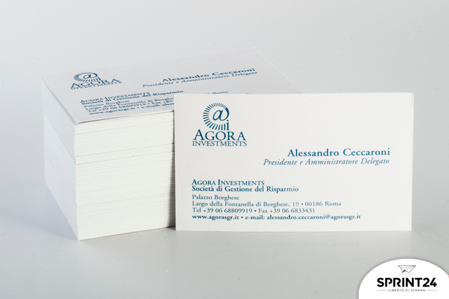Stampa online Biglietto da visita Agora: Stampa: 1 pantone
Carta: Splendorgel Extra White da 340 gr
lavorazioni: rilievo termico